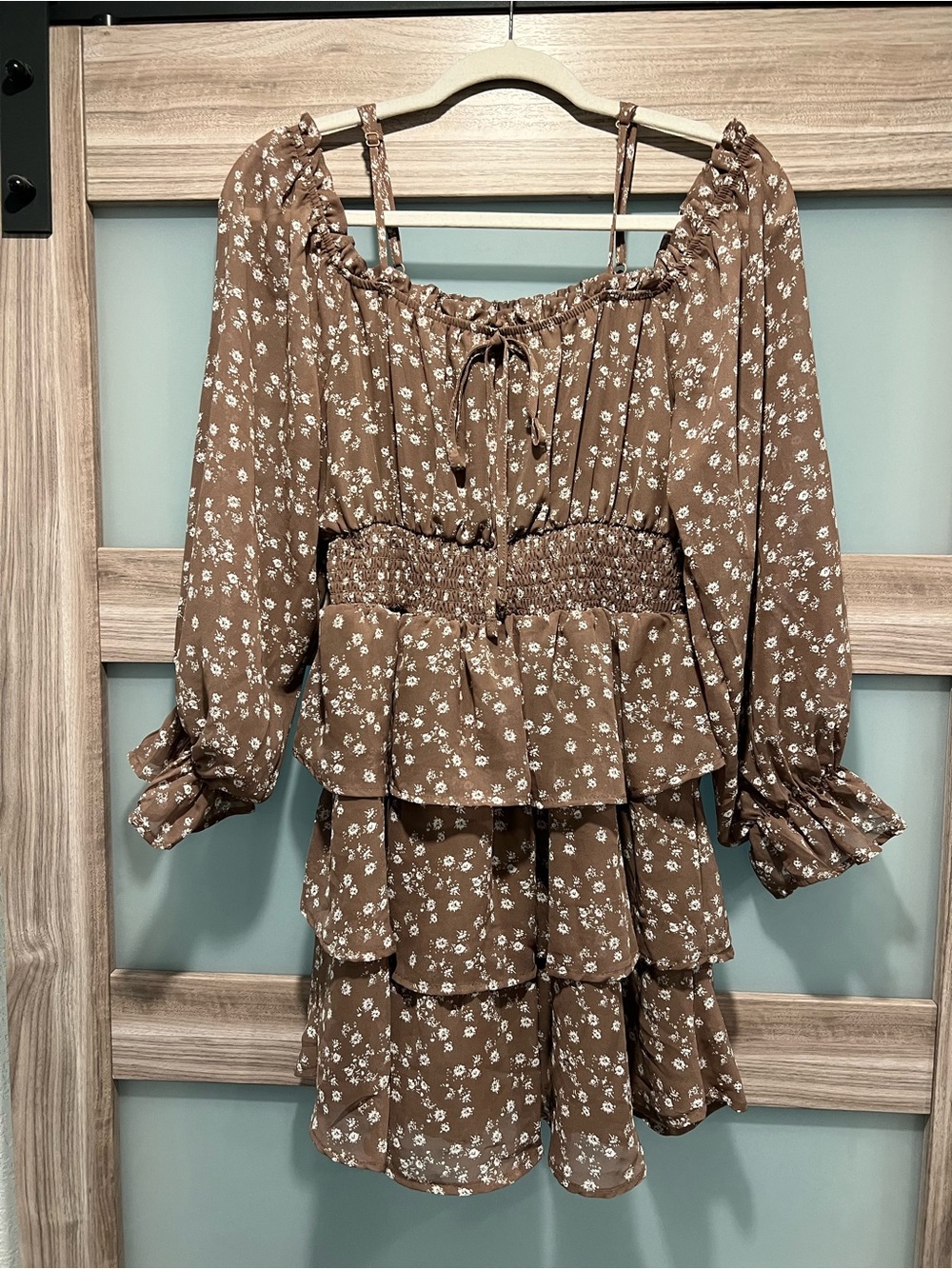 Harper & Ivy | Brown Floral Long Sleeve Tiered Dress with Smocked Waist